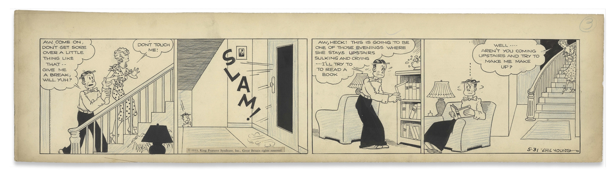 Chic Young Hand-Drawn ''Blondie'' Comic Strip From 1933 Titled ''A Neglected Bride'' -- Blondie & Dagwood Adjust to Married Life